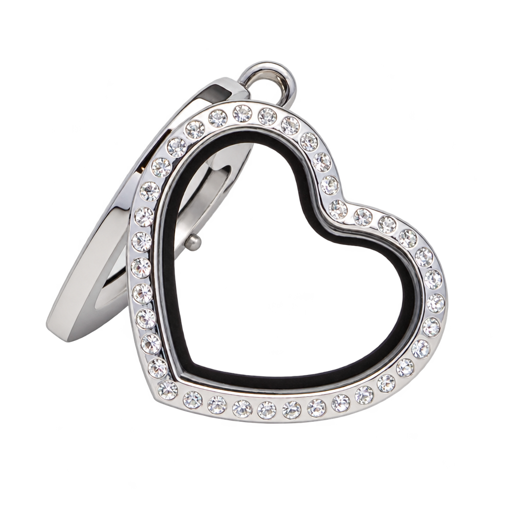 Heart floating locket, angled view, background removed