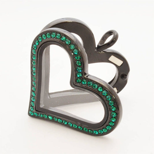Black Heart Floating Locket, Stainless Steel with Emerald Crystals