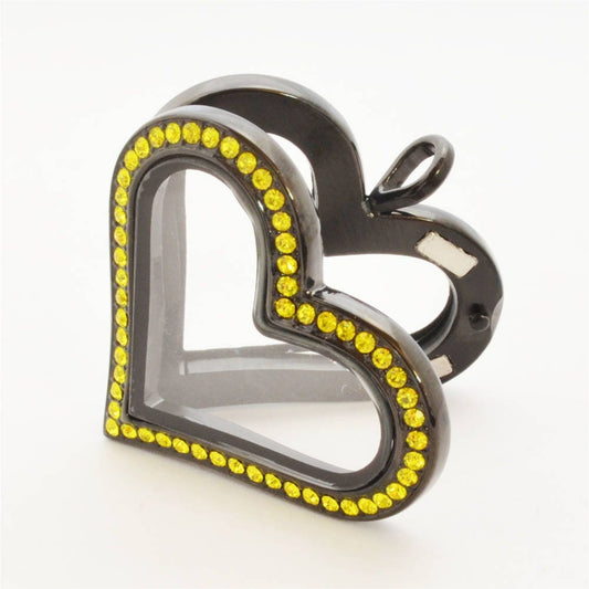 Black Heart Locket, Stainless Steel with Citrine Crystals