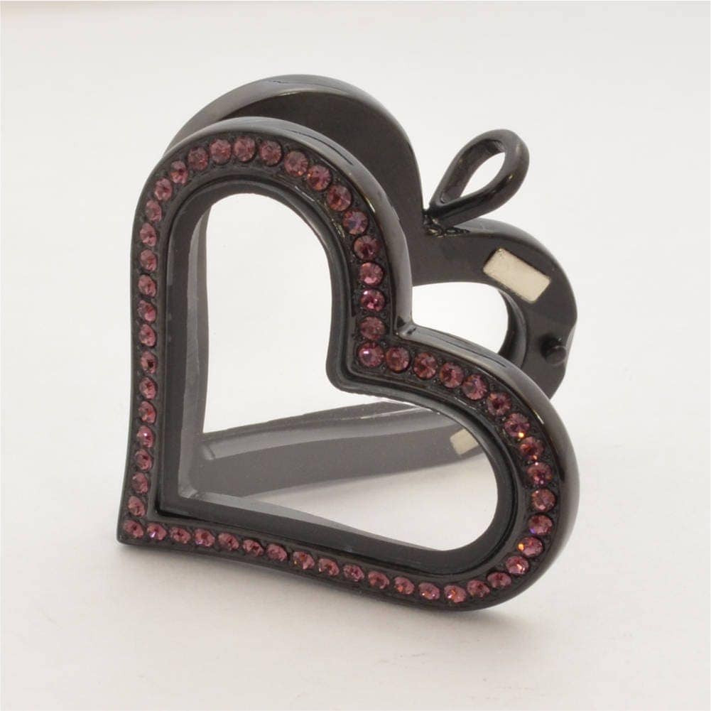 Black Heart Floating Locket, Stainless Steel with Amethyst Crystals