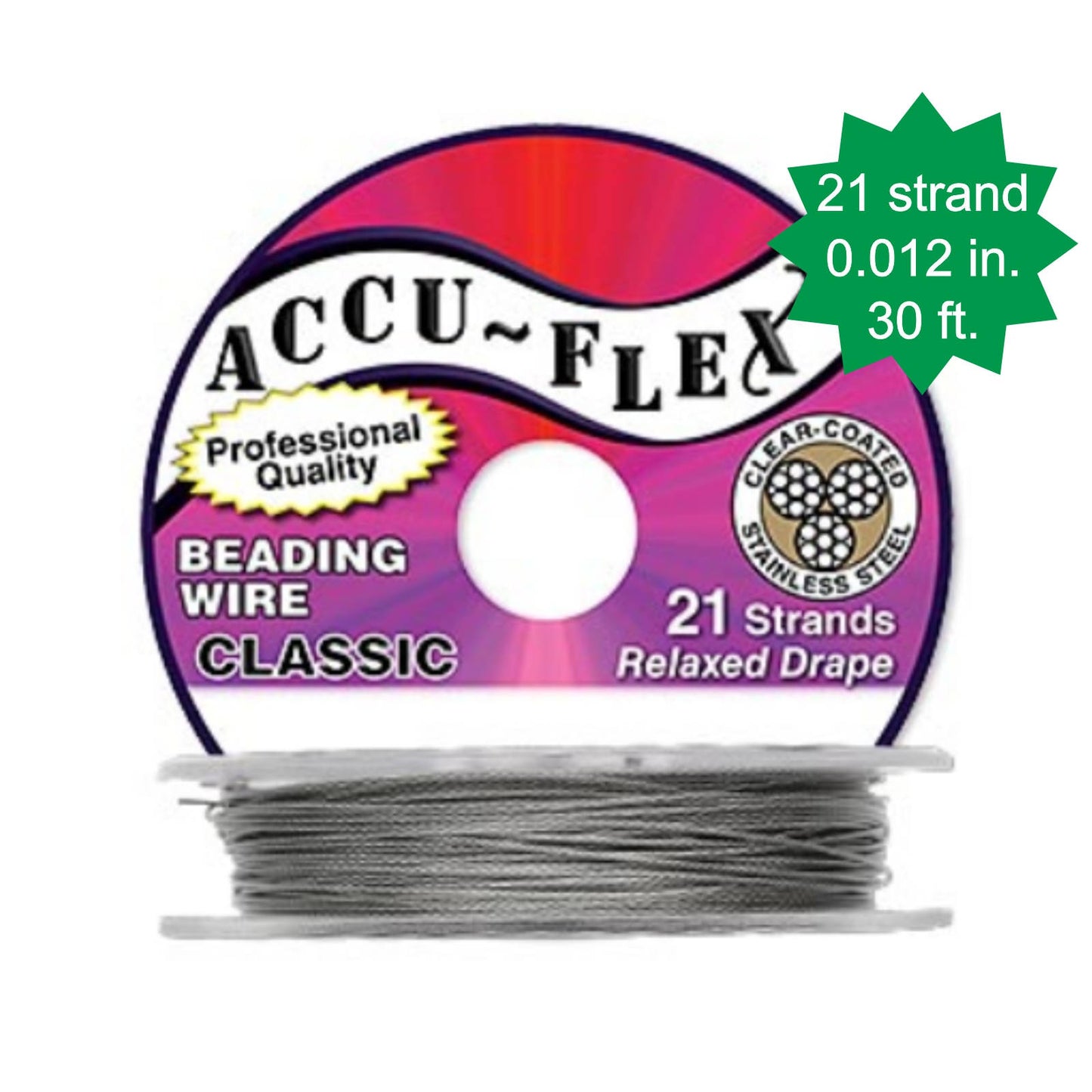 30 ft. Accu-Flex beading wire
Nylon and stainless steel
Clear coating
0.012 Inch diameter, 21 strand
Relaxed drape