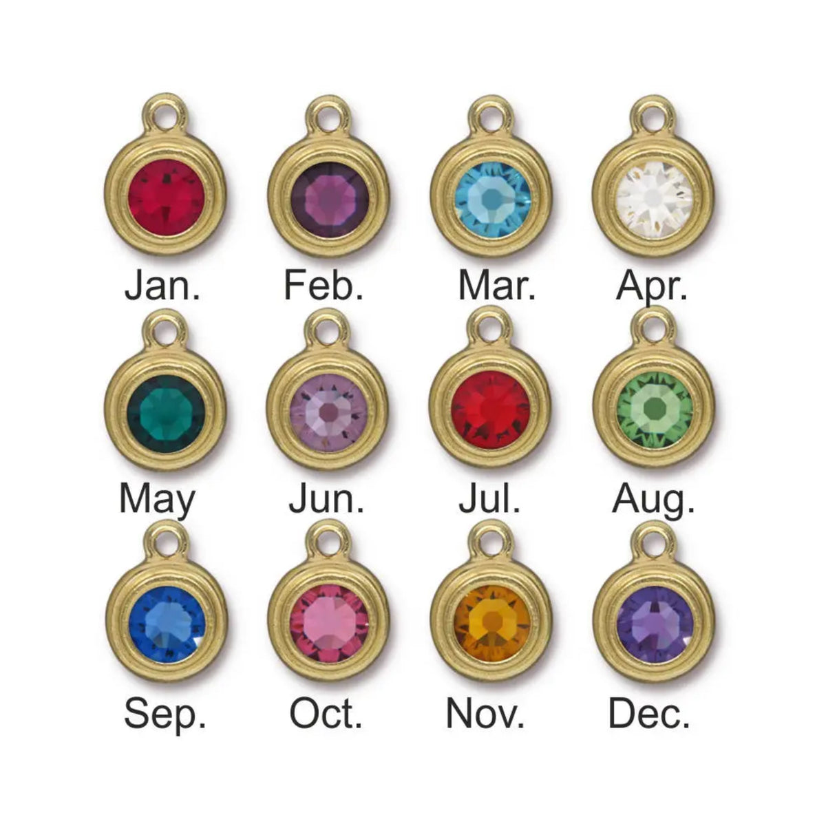 Gold TierraCast Stepped Bezel Birthstone Drops in twelve crystal colors labeled January through December.