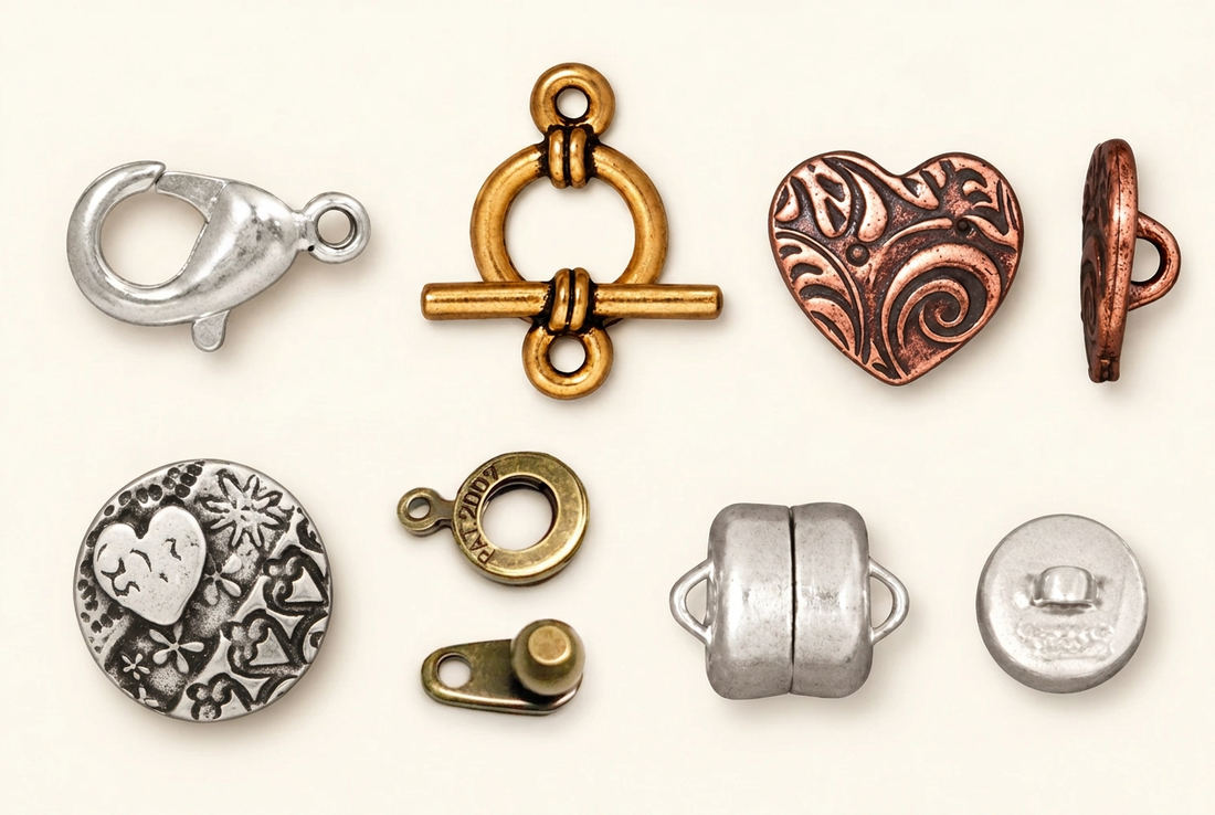 Collage of bracelet closures including a lobster clasp, toggle clasp, decorative buttons, magnetic clasp, and an antique brass ball and socket clasp with its two halves separated.