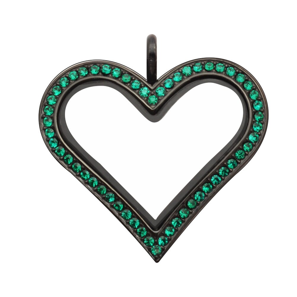 Black Heart Floating Locket, Stainless Steel with Emerald Crystals