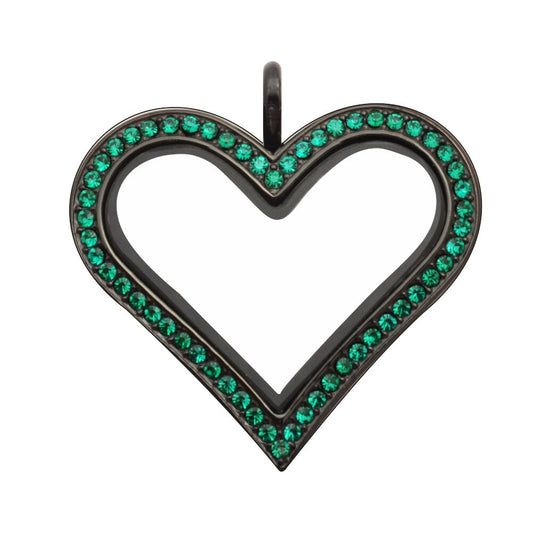 Black Heart Floating Locket, Stainless Steel with Emerald Crystals