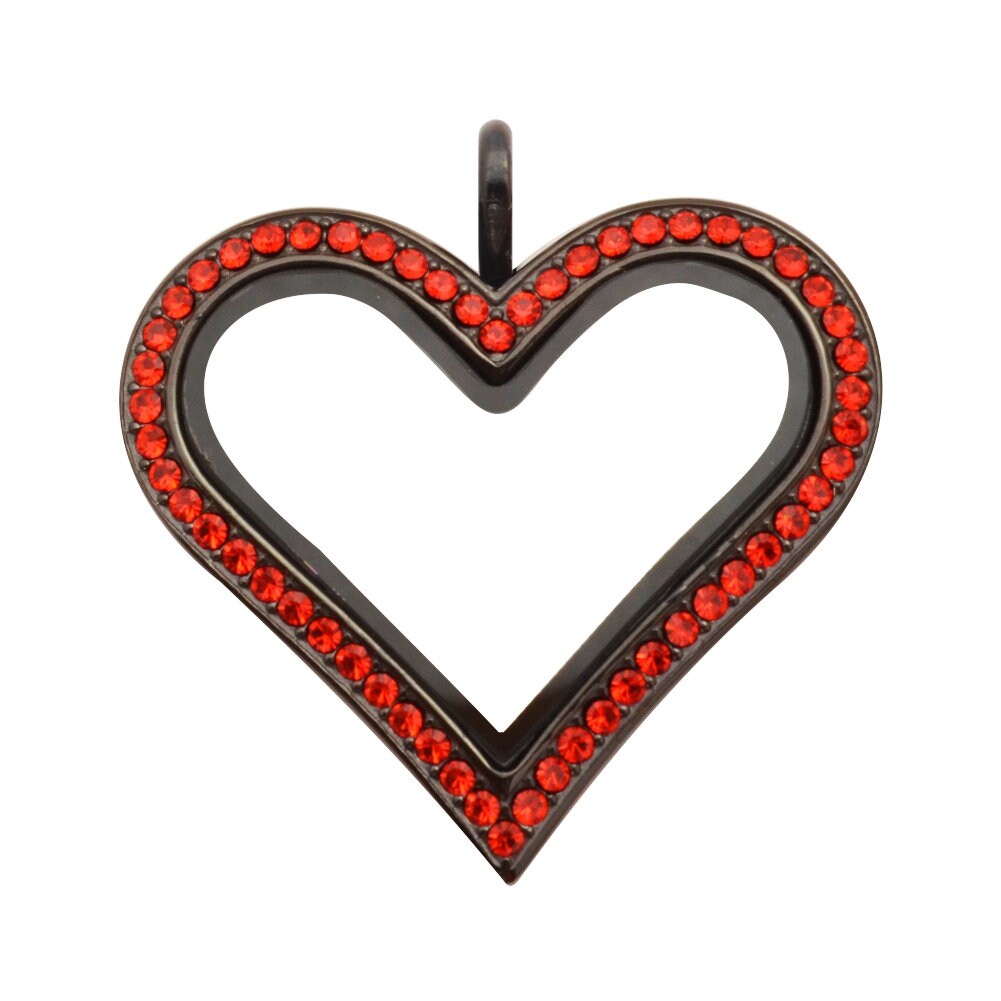 Black Heart Locket, Stainless Steel with Red Crystals