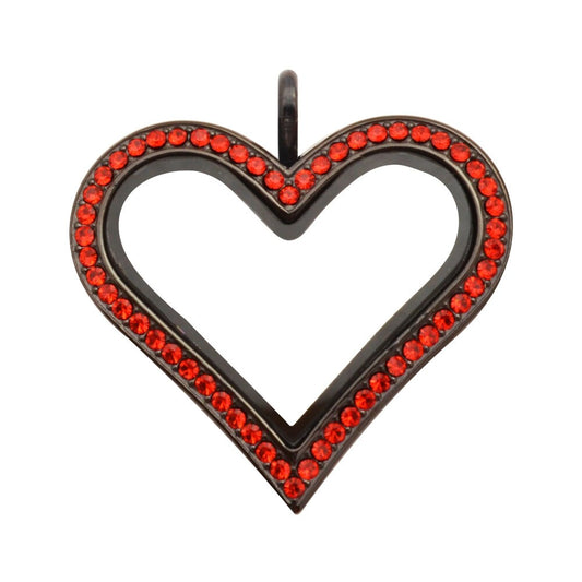 Black Heart Locket, Stainless Steel with Red Crystals