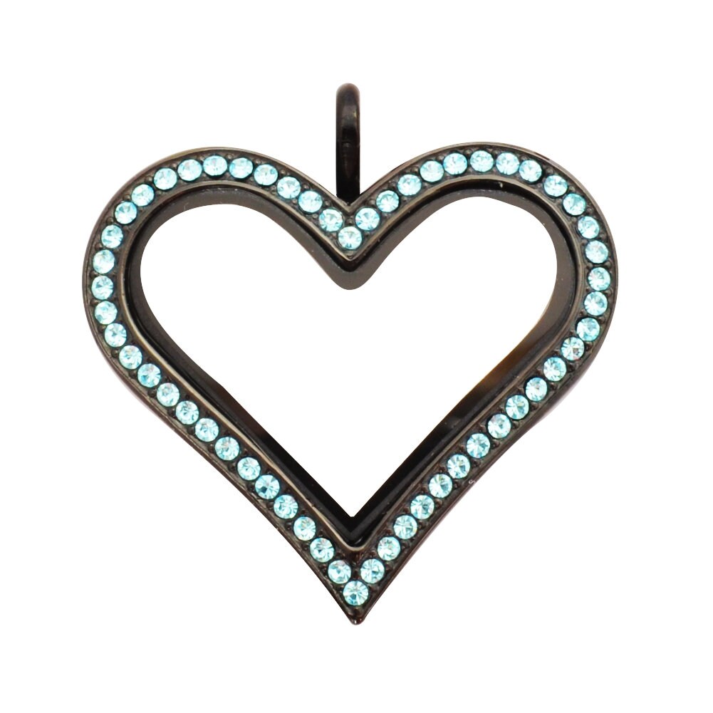 Black Heart Floating Locket, Stainless Steel with Aquamarine Crystals