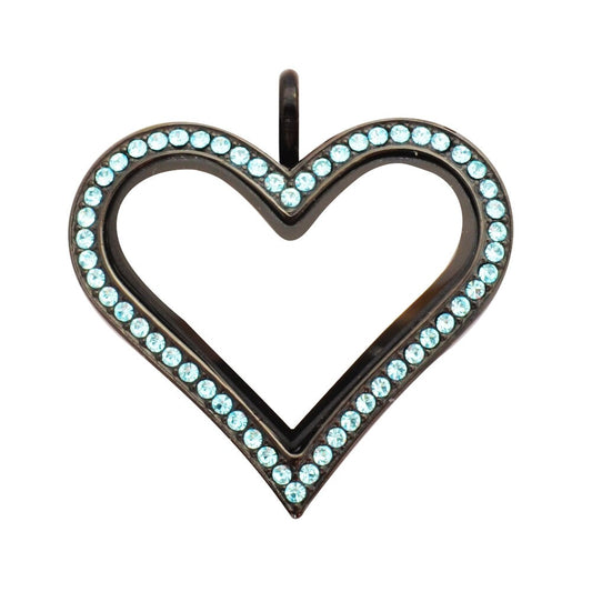 Black Heart Floating Locket, Stainless Steel with Aquamarine Crystals