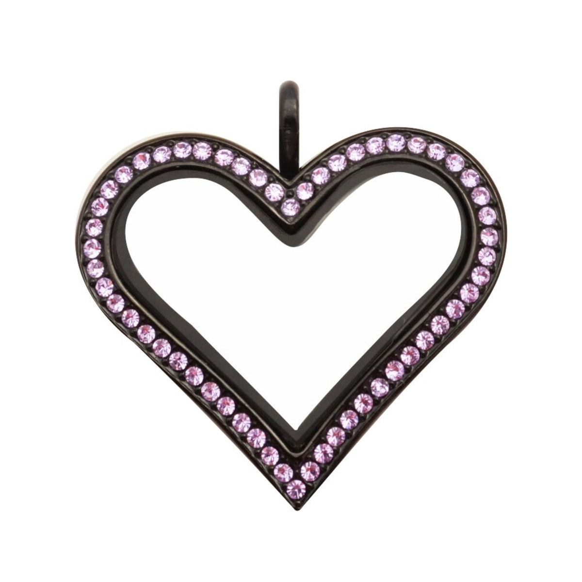 Black Heart Floating Locket, Stainless Steel with Violet Crystals