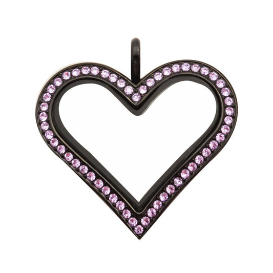 Black Heart Floating Locket, Stainless Steel with Violet Crystals