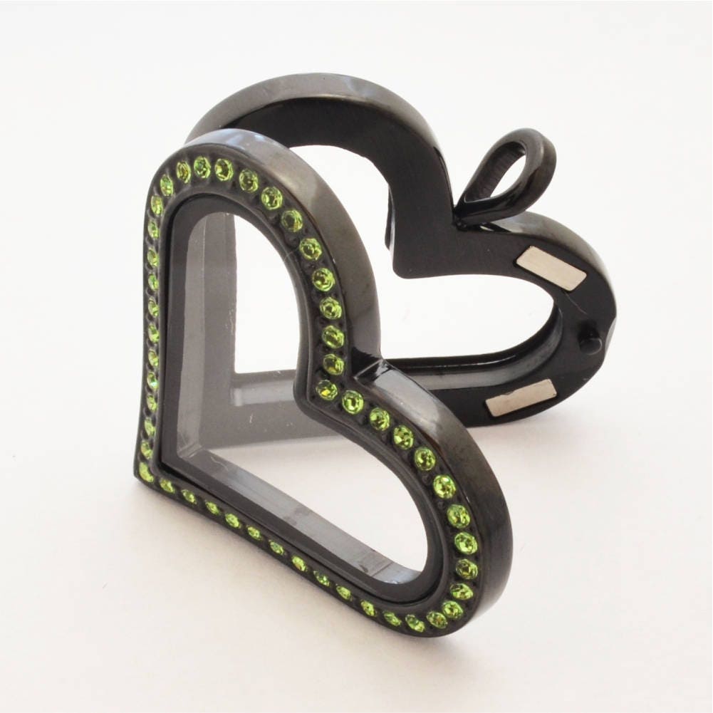 Sharp Heart Black Stainless Steel Floating Locket with Peridot Crystals