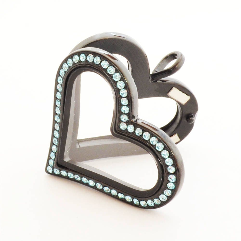 Black Heart Floating Locket, Stainless Steel with Aquamarine Crystals