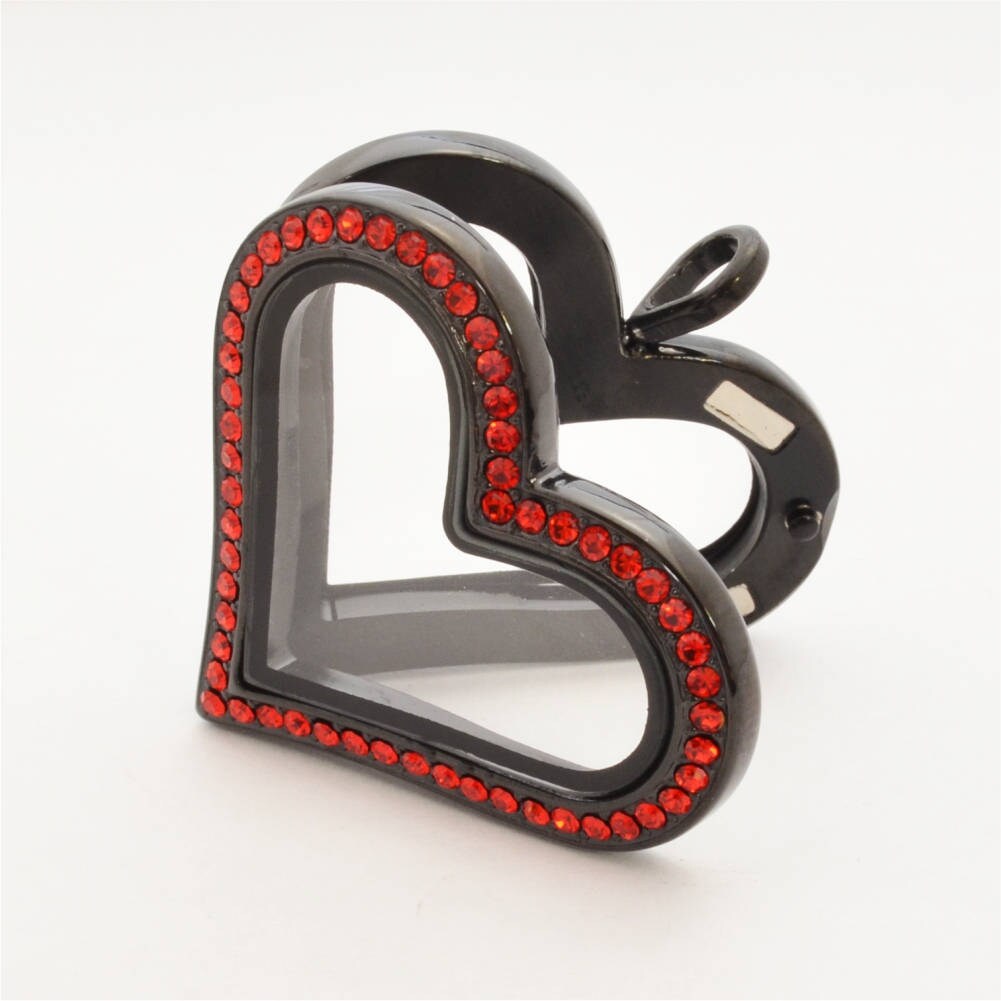 Black Heart Locket, Stainless Steel with Red Crystals