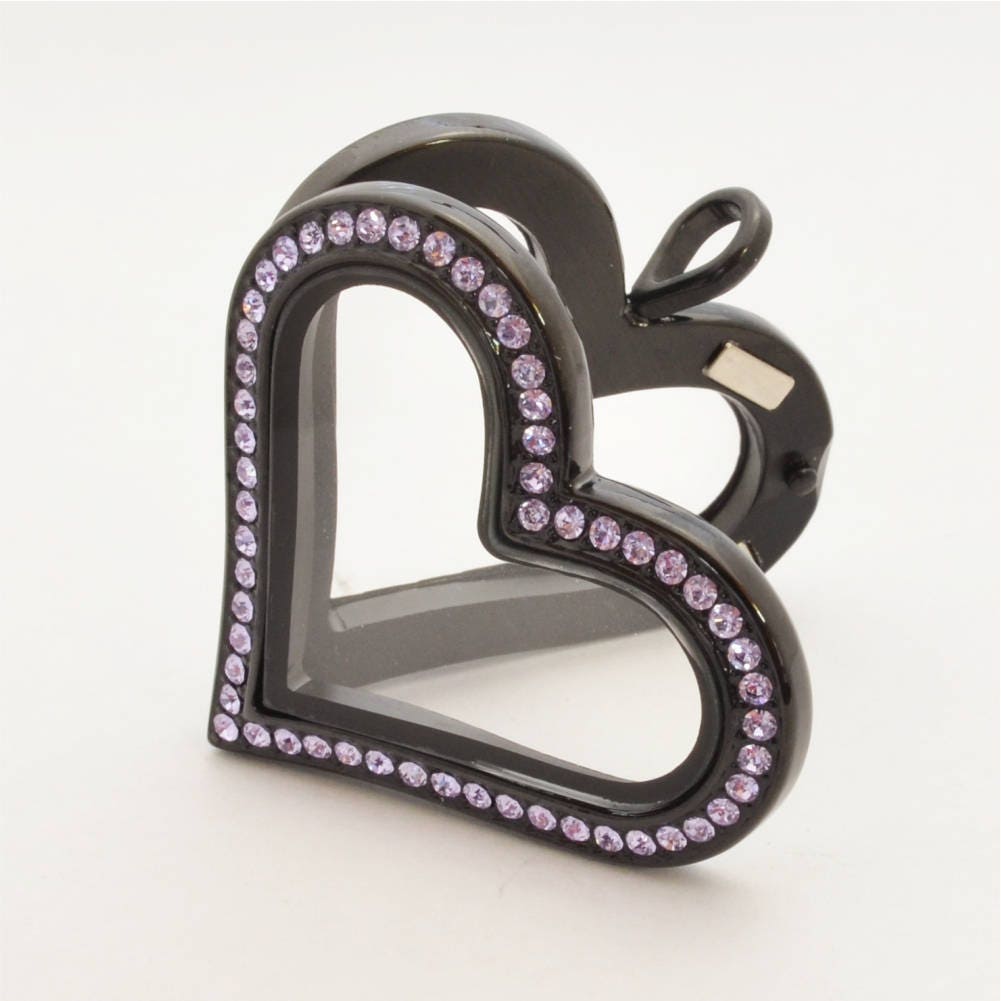 Black Heart Floating Locket, Stainless Steel with Violet Crystals
