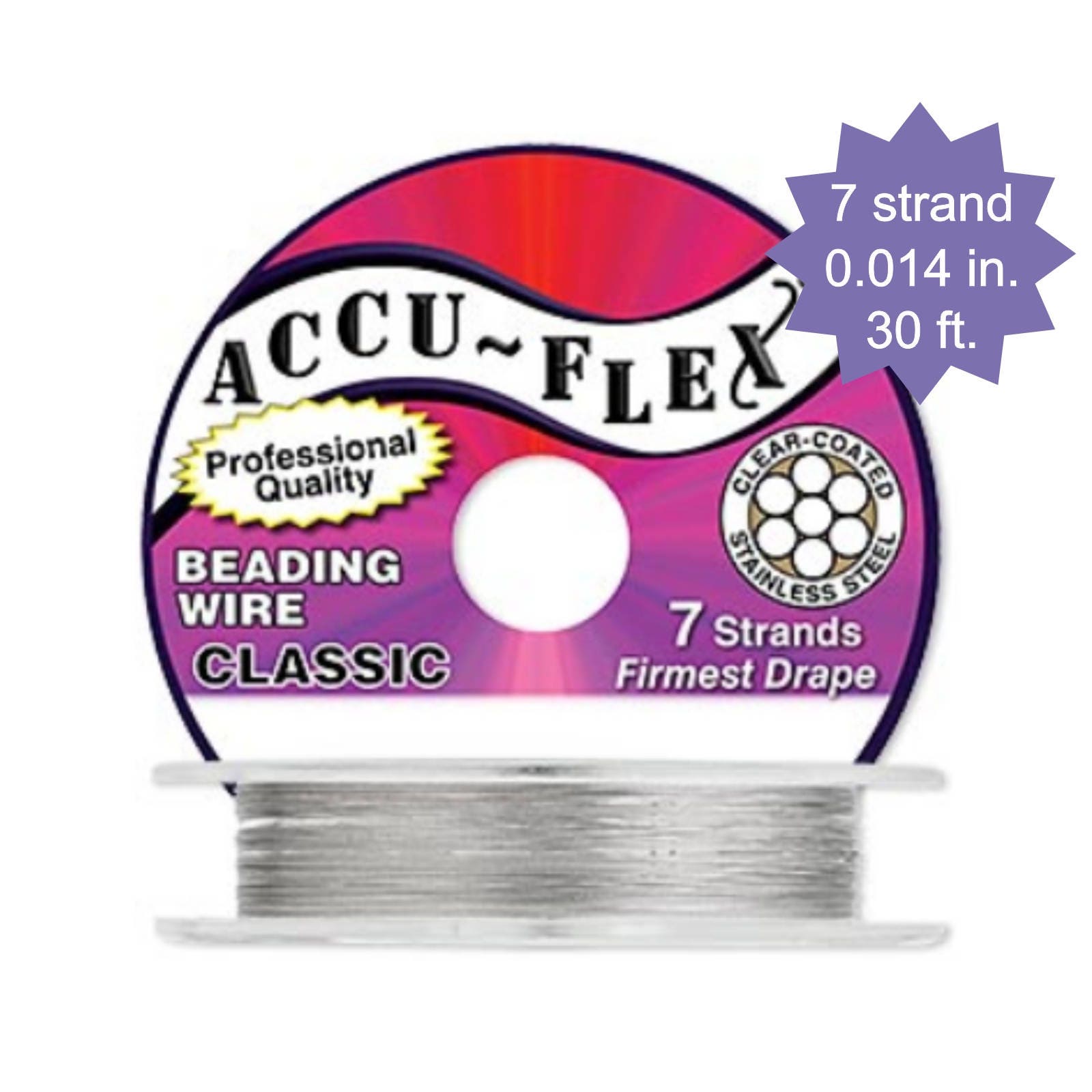  31 ft. Accu-Flex beading wire
 Nylon and stainless steel
 Clear coating
 0.012 Inch diameter, 21 strand
 Relaxed drape