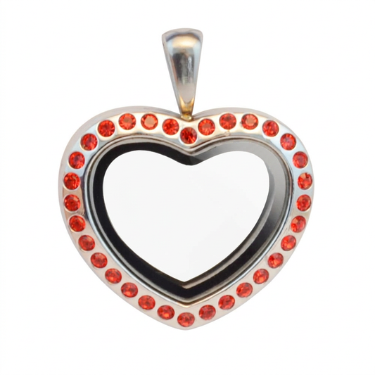 Mini red crystal heart locket on a plain white background