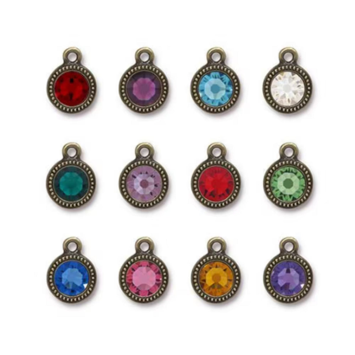 TierraCast Beaded Birthstone Drops in Brass Ox, twelve crystal colors without month labels.