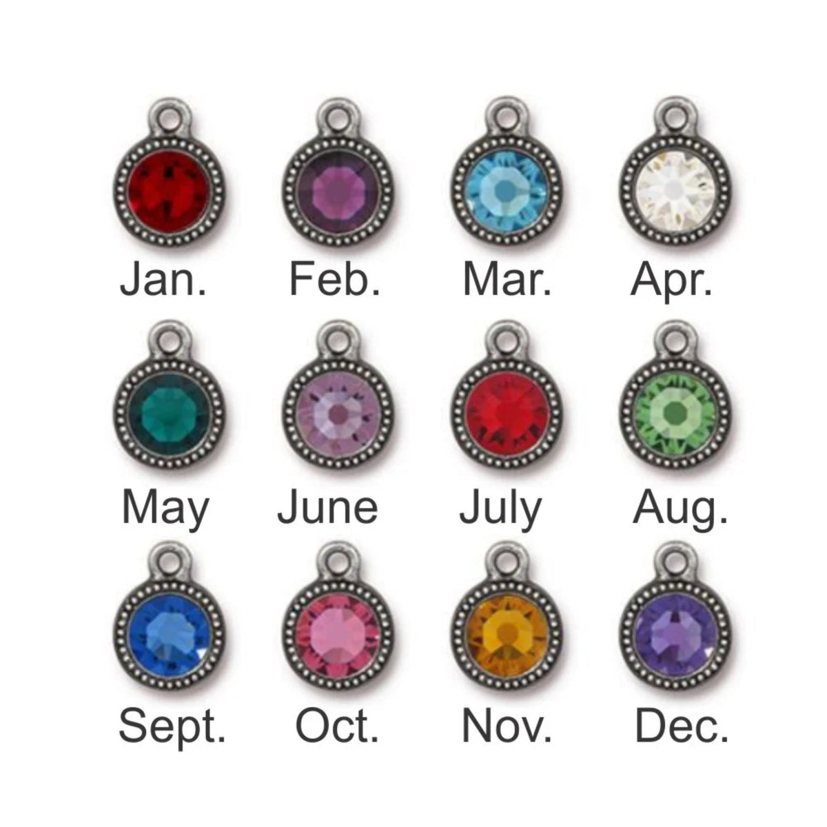 TierraCast beaded birthstone drops with crystal colors labeled January through December.
